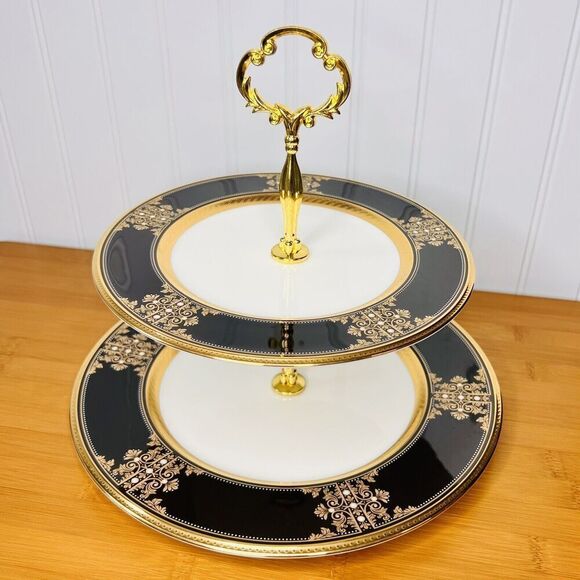 Noritake Evening Majesty 2-Tiered Serving Tray10.75” & 8.5” Black Gold NEW MP
